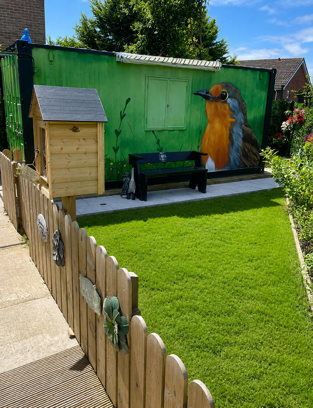 Outdoor seating area in Leafair Community Garden